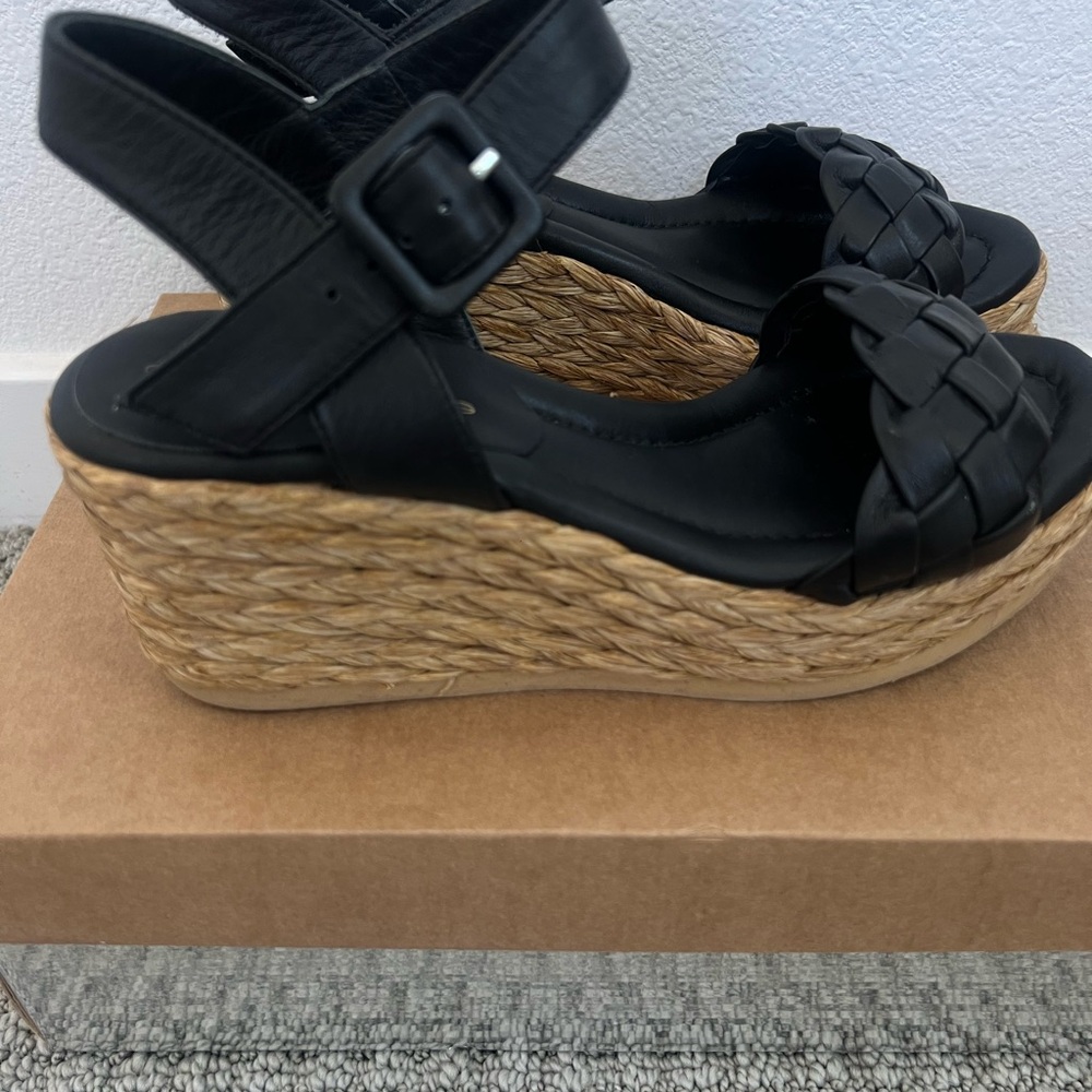 Andre Assous Black and Tan Woven Wedge Sandals